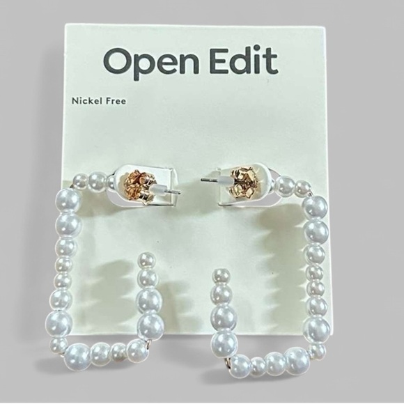 Open Edit Jewelry - Open Edit-Faux Pearl Rectangle Earrings-white/Gold-NWT